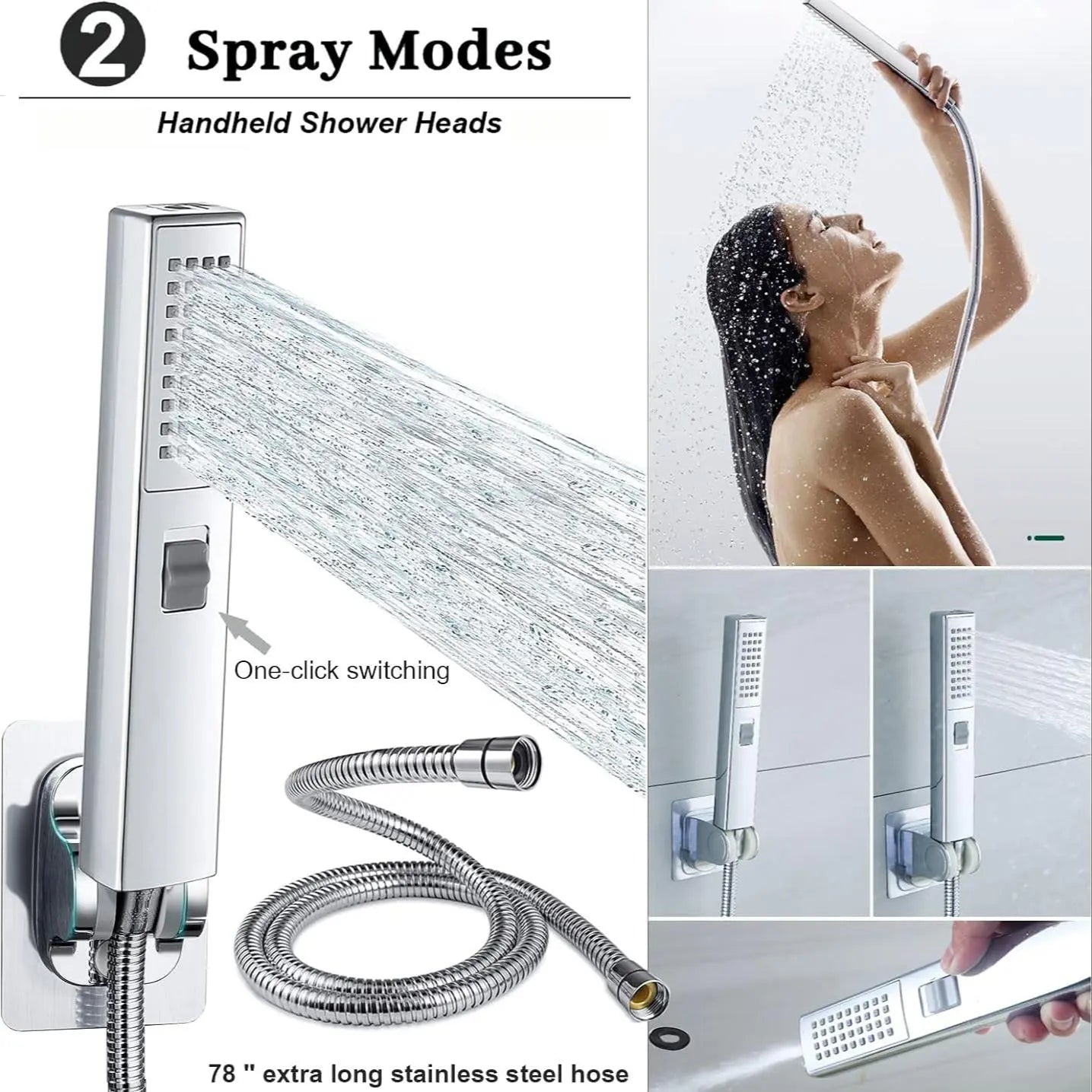 Shower Head Set,1 Set Including Rainfall Shower Head and Handheld Shower Head Set with Diverter, Shower Hose, Shower Bracket & Accessory, Bathroom Shower Accessories, Bathroom Supplies