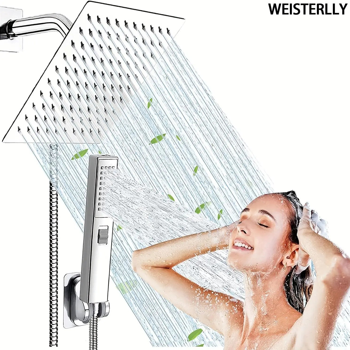 Shower Head Set,1 Set Including Rainfall Shower Head and Handheld Shower Head Set with Diverter, Shower Hose, Shower Bracket & Accessory, Bathroom Shower Accessories, Bathroom Supplies