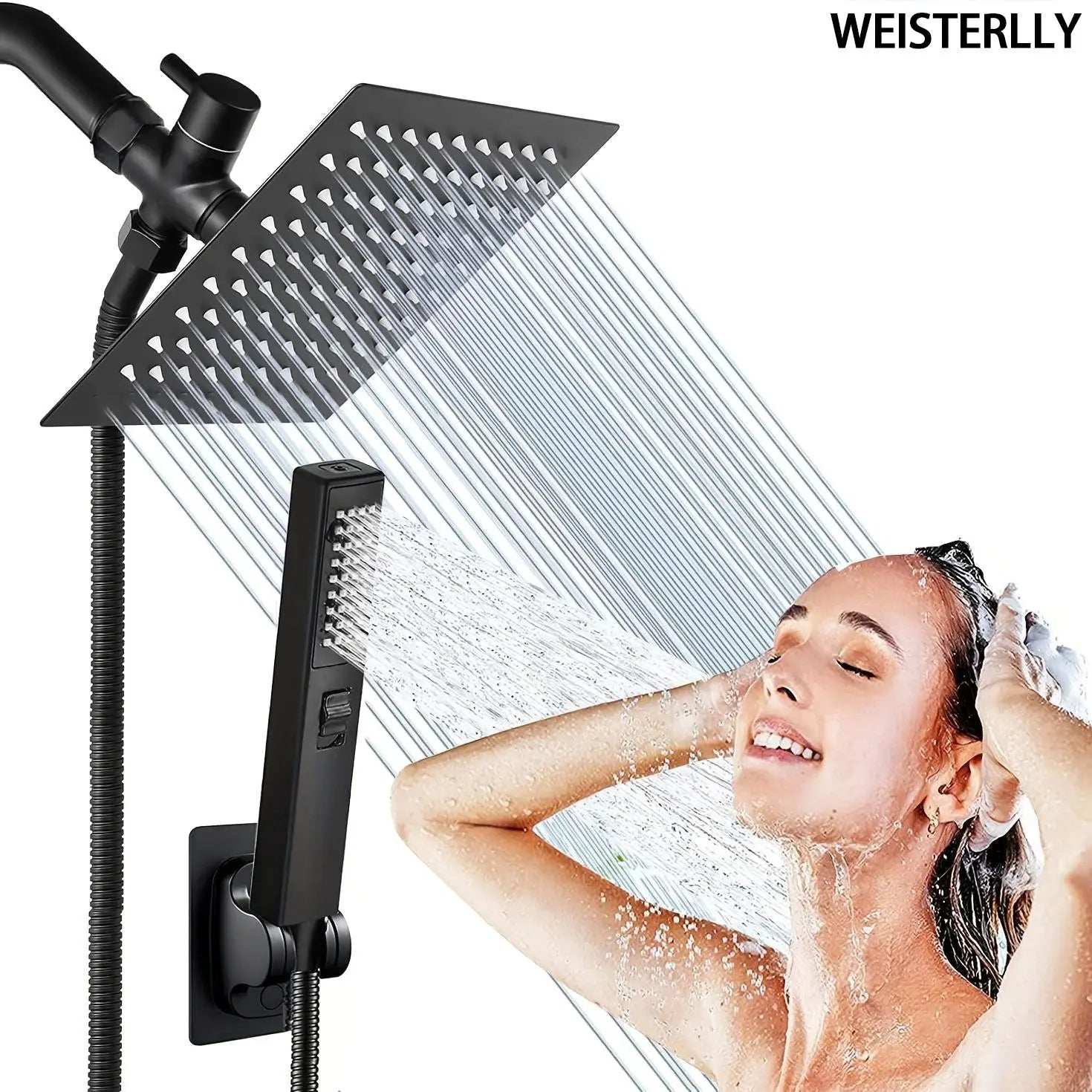 Shower Head Set,1 Set Including Rainfall Shower Head and Handheld Shower Head Set with Diverter, Shower Hose, Shower Bracket & Accessory, Bathroom Shower Accessories, Bathroom Supplies