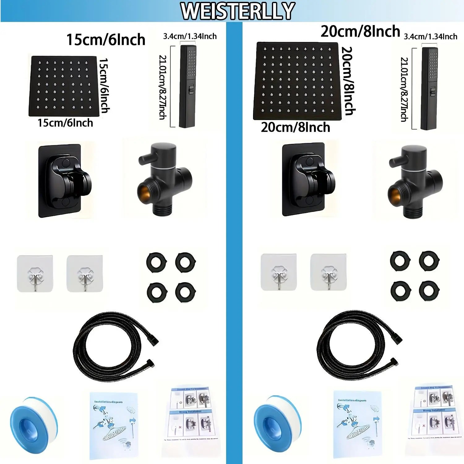 Shower Head Set,1 Set Including Rainfall Shower Head and Handheld Shower Head Set with Diverter, Shower Hose, Shower Bracket & Accessory, Bathroom Shower Accessories, Bathroom Supplies